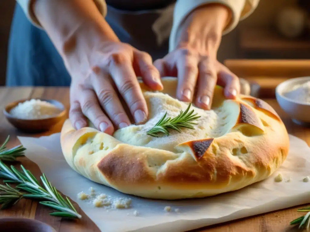 Detalle de las manos de un panadero trabajando la masa de focaccia italiana receta tradicional en una cocina rústica