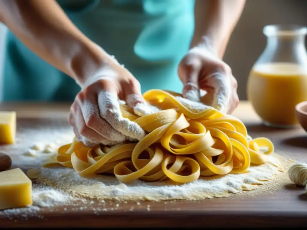 Detalle de manos amasando pasta artesanal italiana paso a paso en una encimera de madera