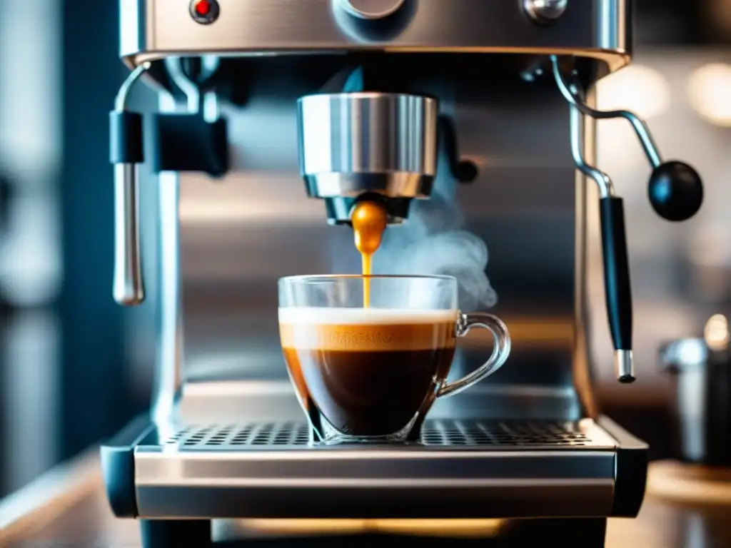 Detalle de máquina de espresso en acción, gadgets para preparar espresso en casa