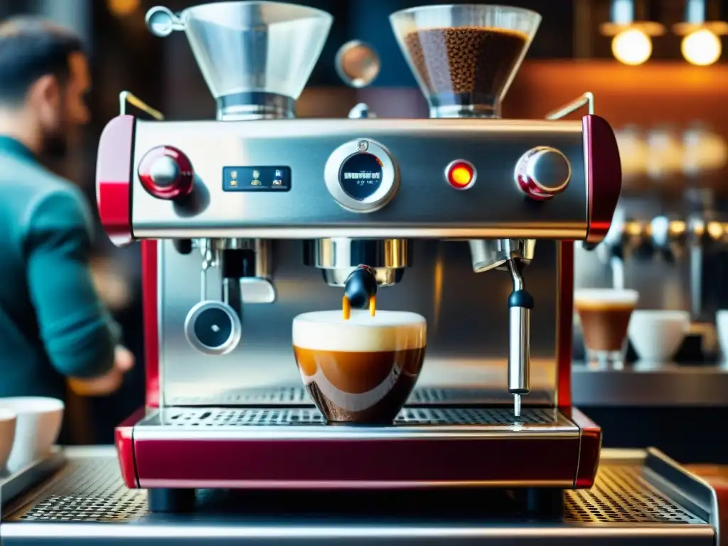 Detalle de una máquina de espresso italiana en una animada cafetería, que refleja la historia y legado del primer espresso en la cocina italiana