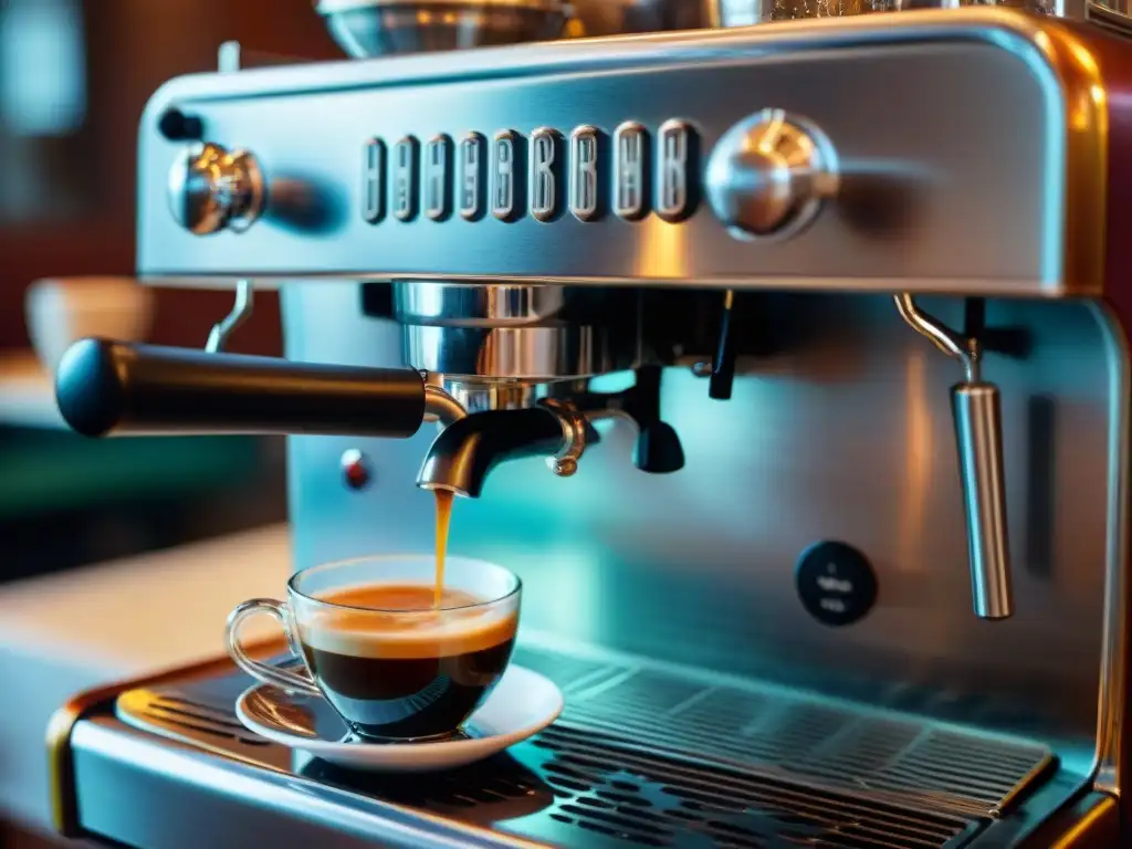 Detalle de máquina de espresso italiana con café fluyendo en taza, en animado café italiano