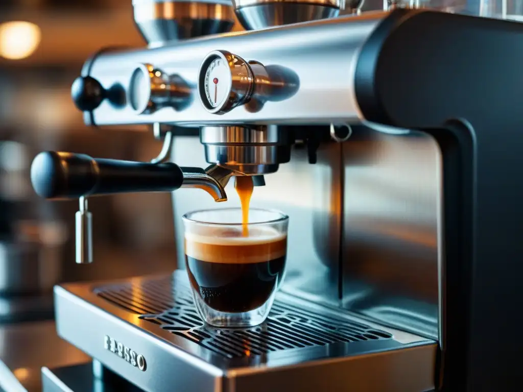 Detalle de máquina de café espresso moderna en acción, con vapor saliendo de la boquilla y café fluyendo a la taza