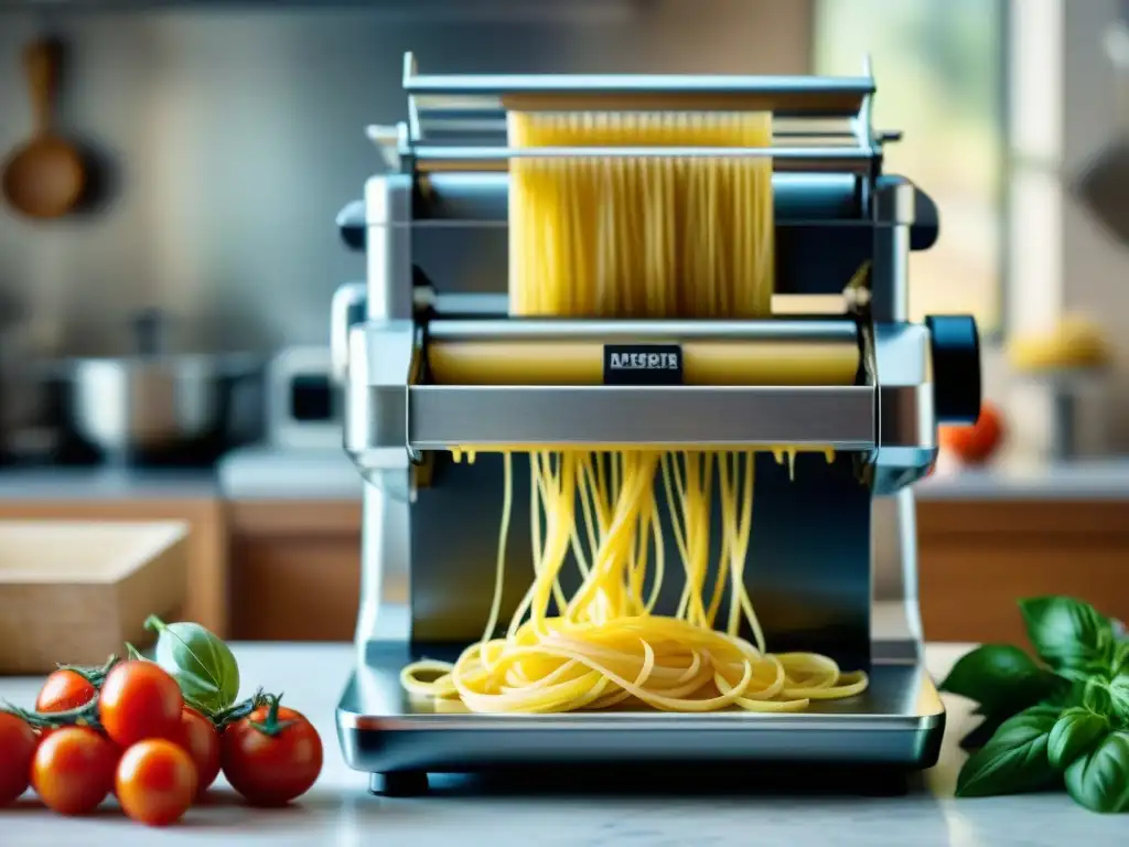 Detalle de máquina de pasta extrayendo spaghetti en cocina italiana con ingredientes frescos