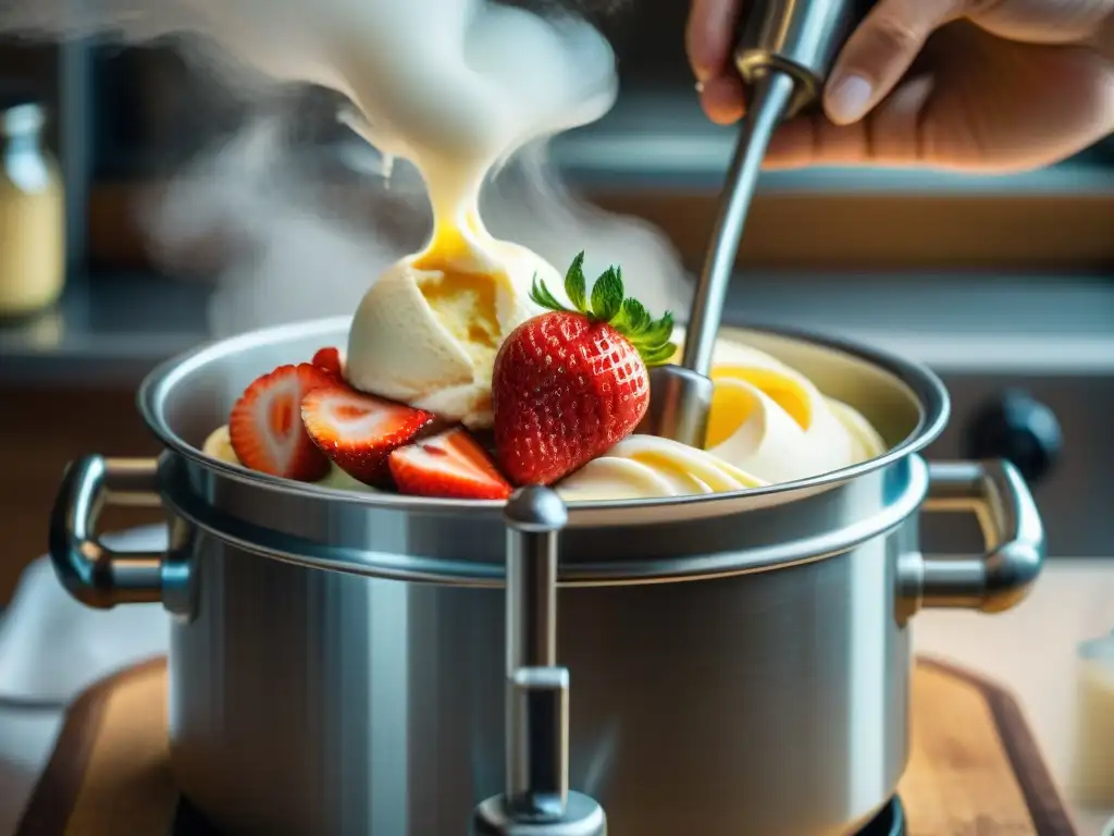 Detalle de una máquina vintage de helado casero en cocina italiana, mejorando la textura del helado con coulis de frutas vibrantes