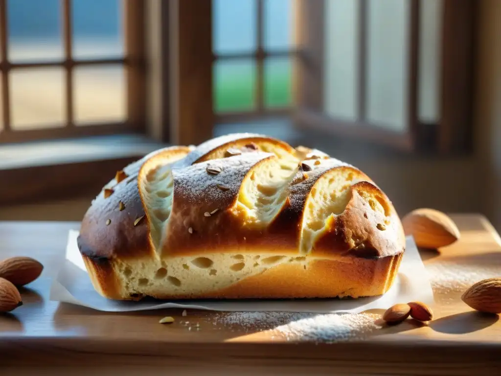 Detalle de mesa de panadería italiana con pan de almendra casero y almendras enteras, evocando tradición y artesanía