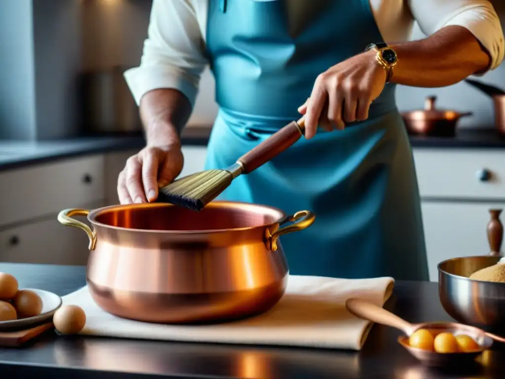 Detalle meticuloso de manos expertas limpiando una olla de cobre italiana, resaltando el cuidado de utensilios cocina italiana