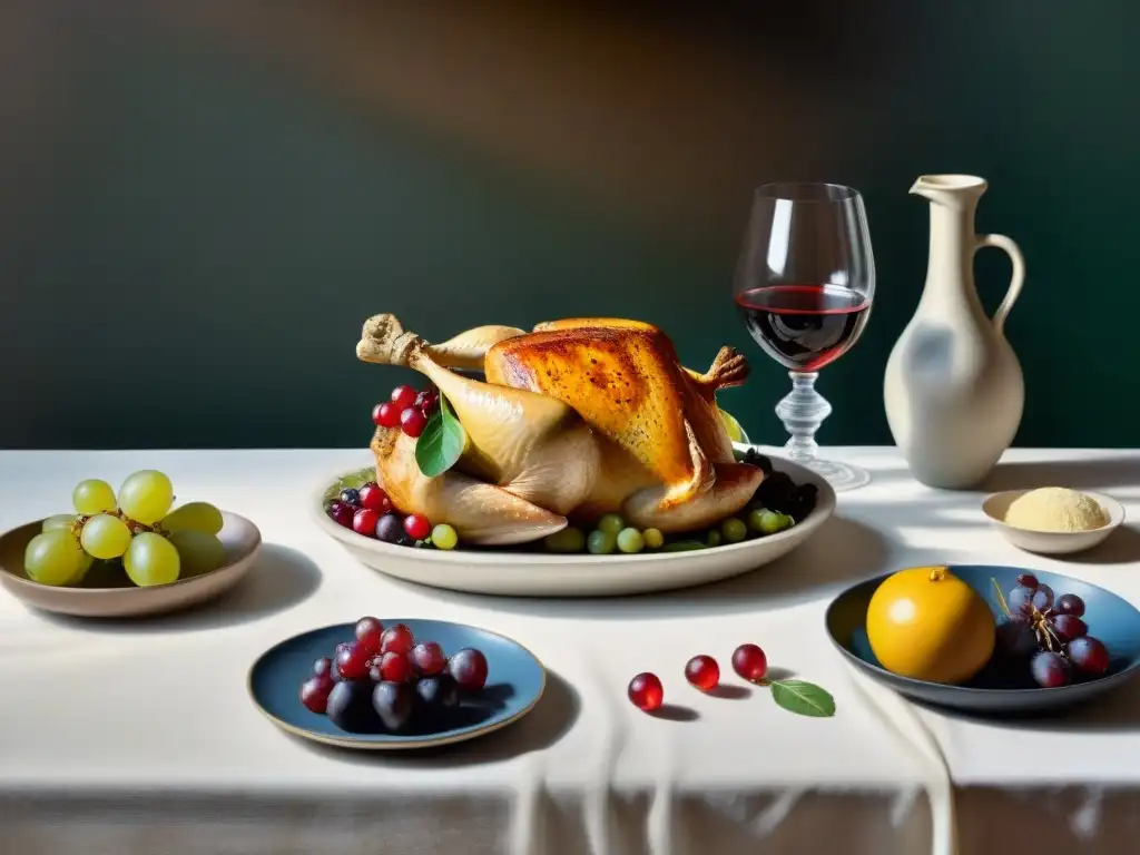 Detalle minucioso de la comida en 'La Cena de Emaús' de Caravaggio, invitando a disfrutar de una suntuosa cocina italiana platos tradicionales