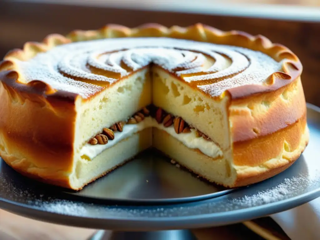 Detalle minucioso de una Torta della Nonna cubierta de azúcar glass, con relleno de ricotta y una decoración de almendras tostadas