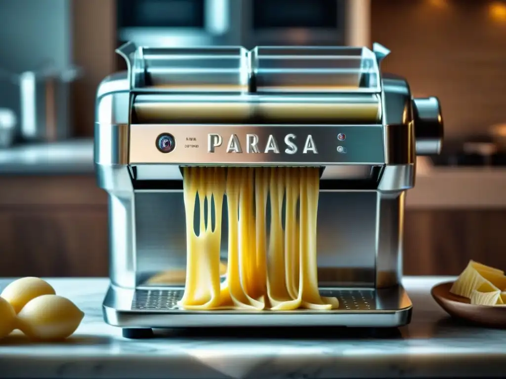 Detalle de moderna máquina pasta italiana en acción, reflejando fusión de tradición e innovación