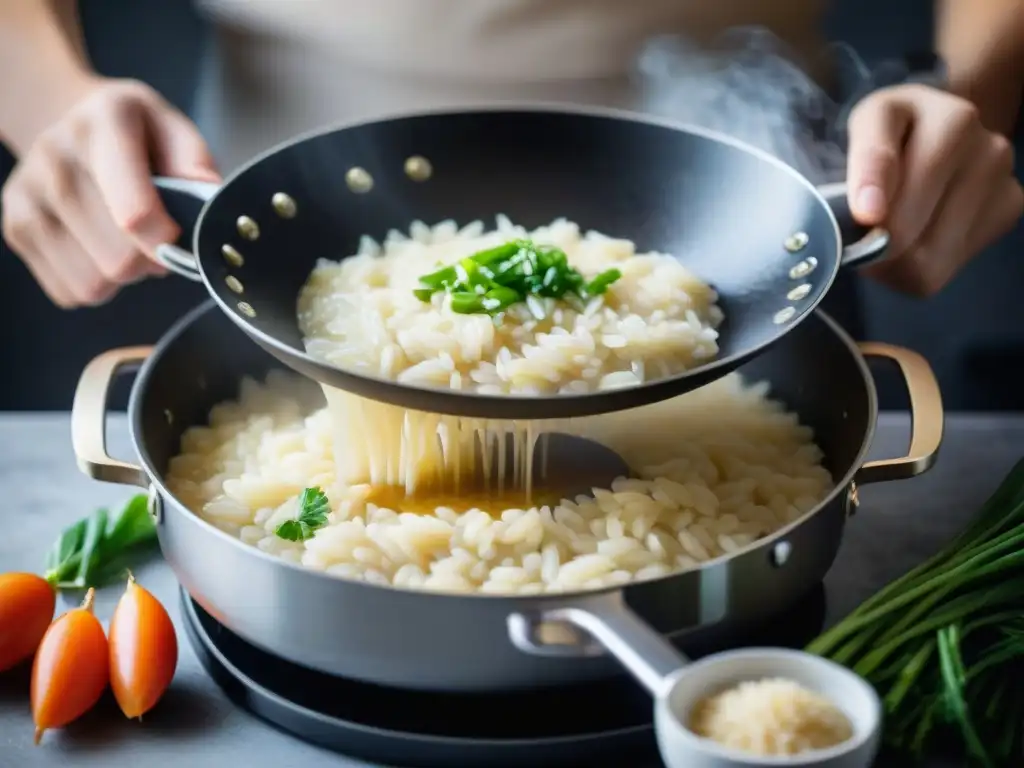 Detalle de un moderno arrocero cocinando el risotto perfecto, resaltando los mejores electrodomésticos para cocinar risotto