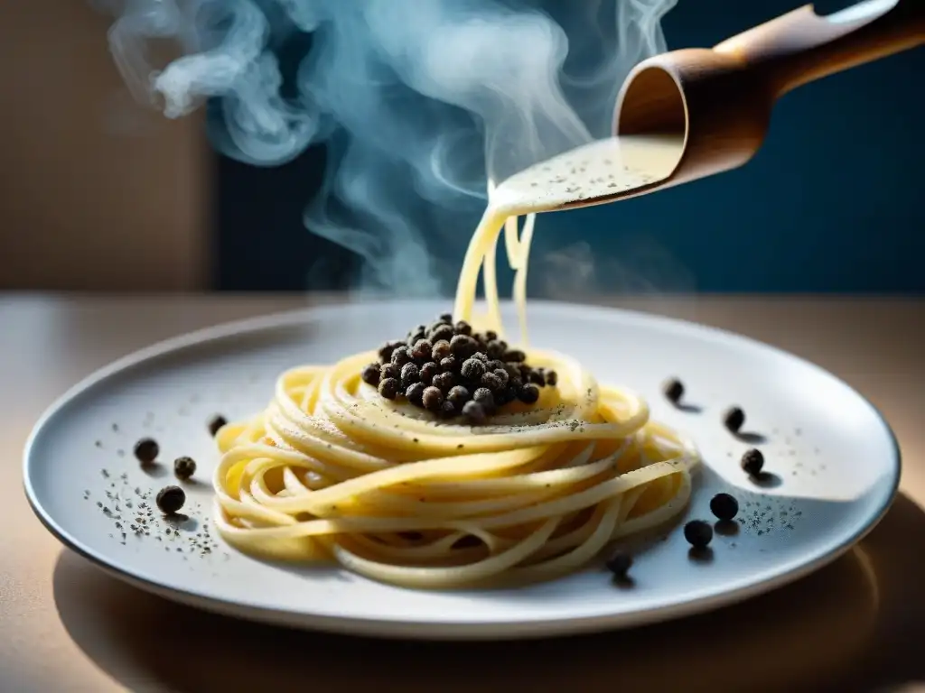 Detalle de la molienda de pimienta negra sobre Cacio e Pepe, resaltando su elegancia