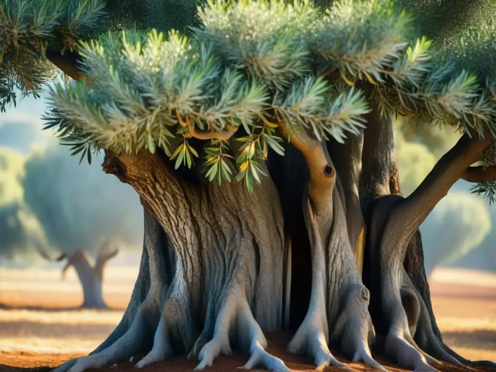 Detalle de un olivo ancestral en un campo soleado de la Toscana, Italia, con aceitunas maduras