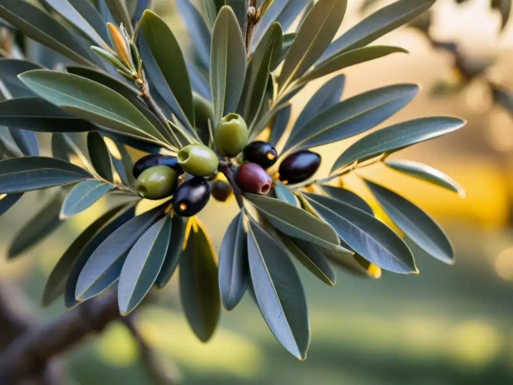 Detalle de un olivo italiano con aceitunas maduras bajo el sol dorado, reflejando la autenticidad de la DOP en aceites de oliva italianos