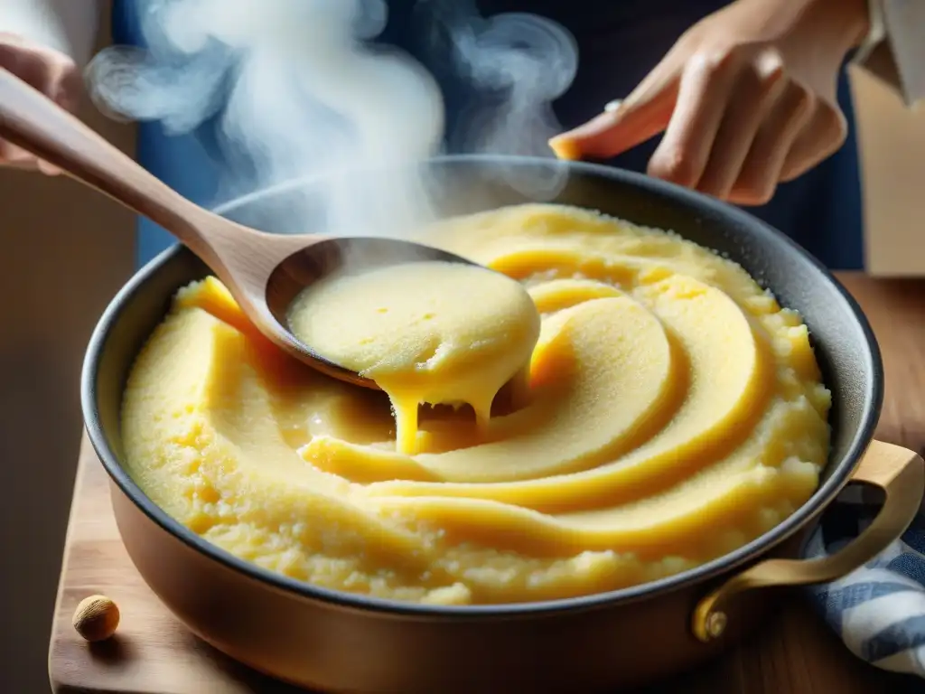 Detalle de una olla burbujeante de polenta cremosa siendo mezclada, evocando la calidez de las recetas de polenta italiana tradicional