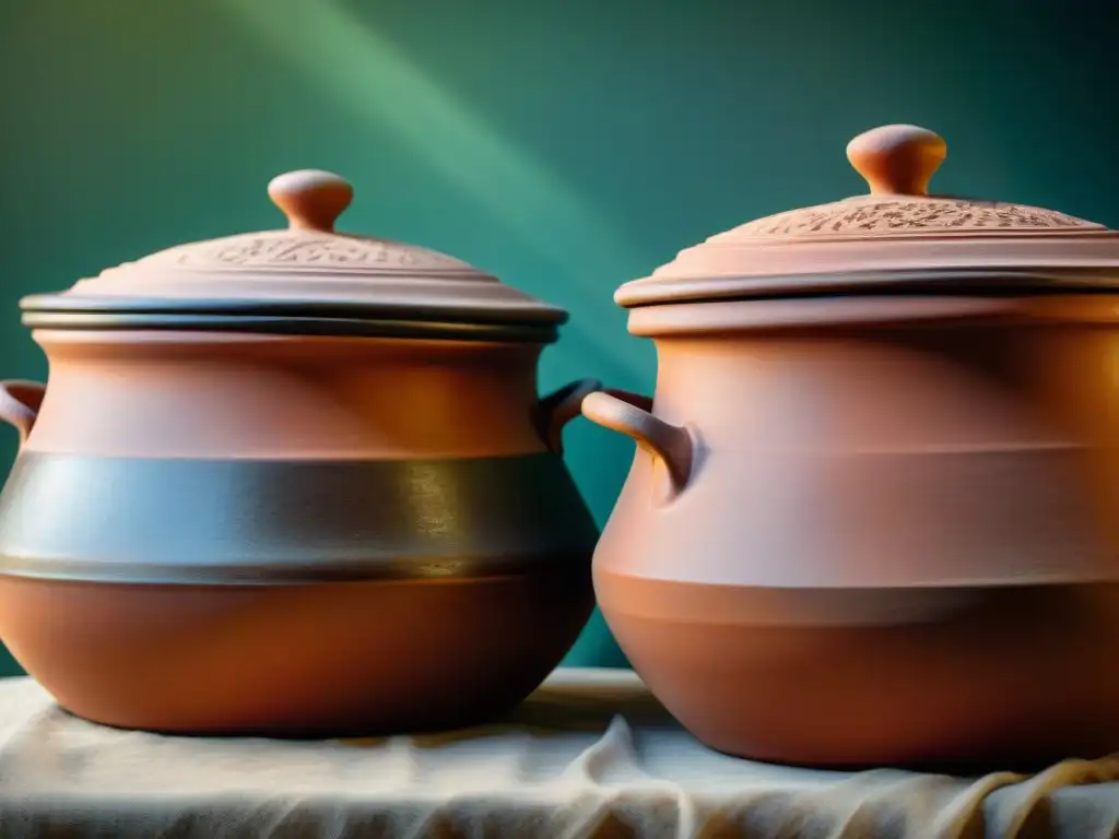 Detalle de ollas de terracota, cocinas lentas italianas, con marcas de uso y ricas texturas que evocan su historia