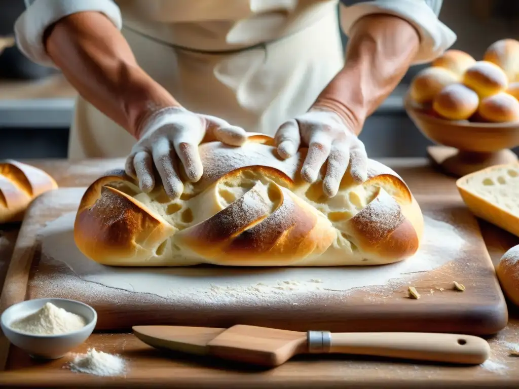 Detalle de un panadero experto dando forma a un tradicional pan ciabatta italiano, evocando la artesanía de la panadería