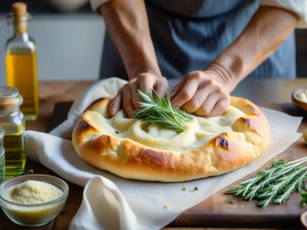 Detalle de un panadero preparando una focaccia en cocina italiana rústica