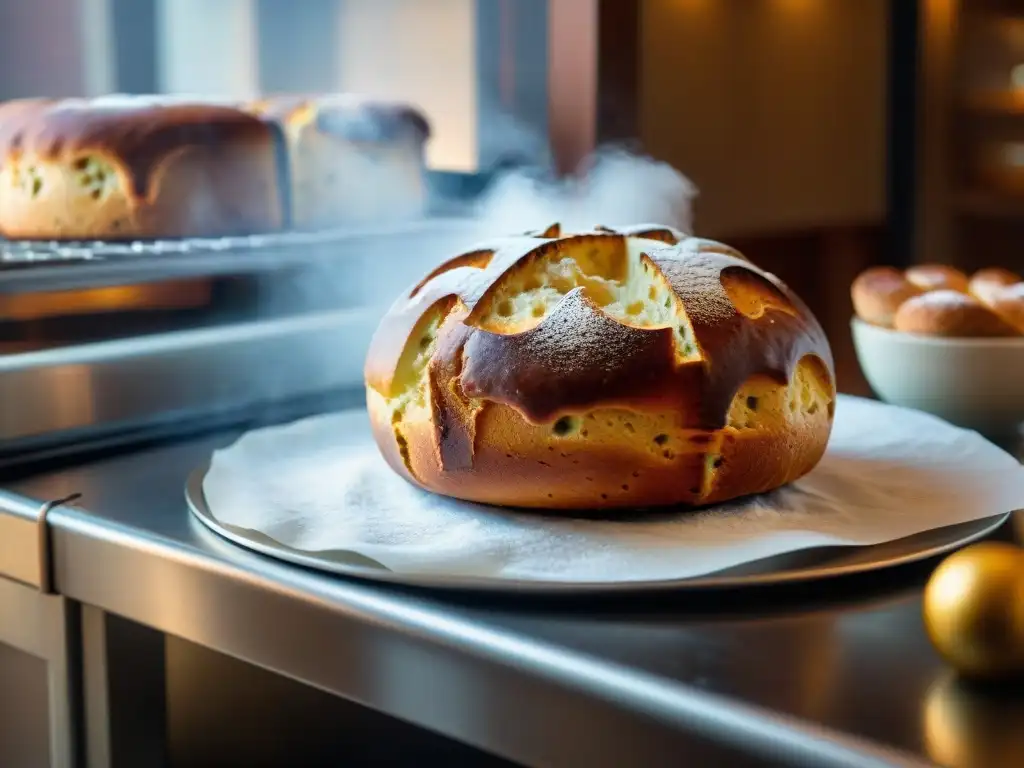 Detalle de un panadero italiano espolvoreando azúcar glas sobre un Panettone recién horneado, con la atmósfera festiva de una panadería