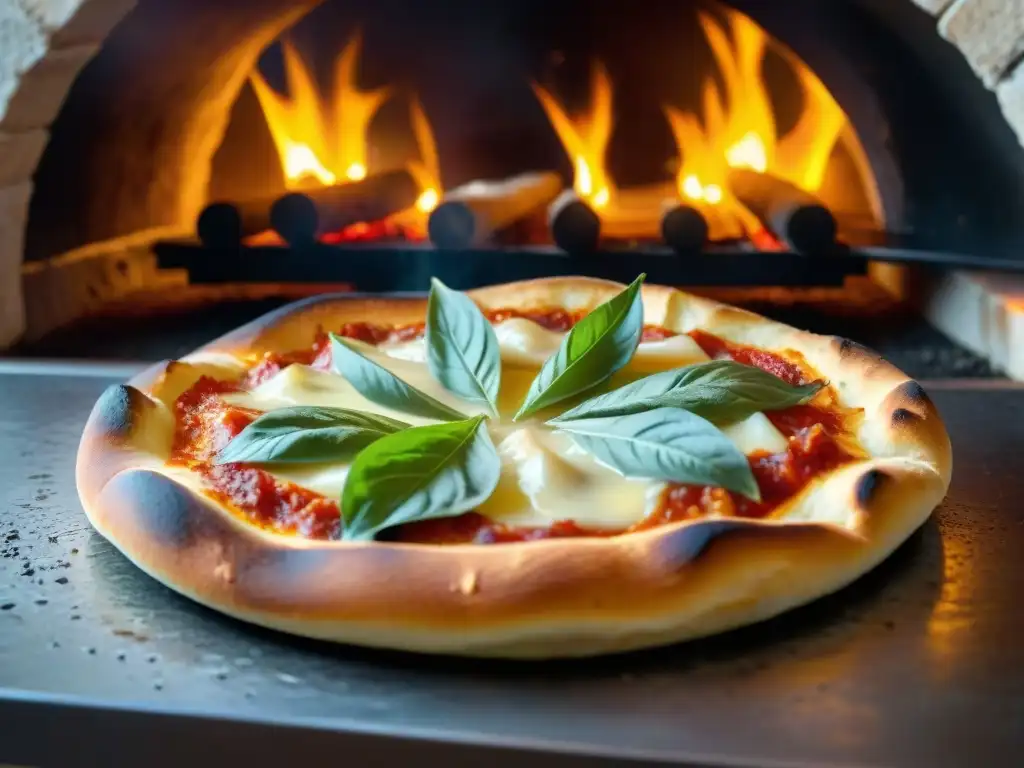 Detalle de pizza siciliana horneándose en horno de leña, con queso burbujeante y bordes crujientes