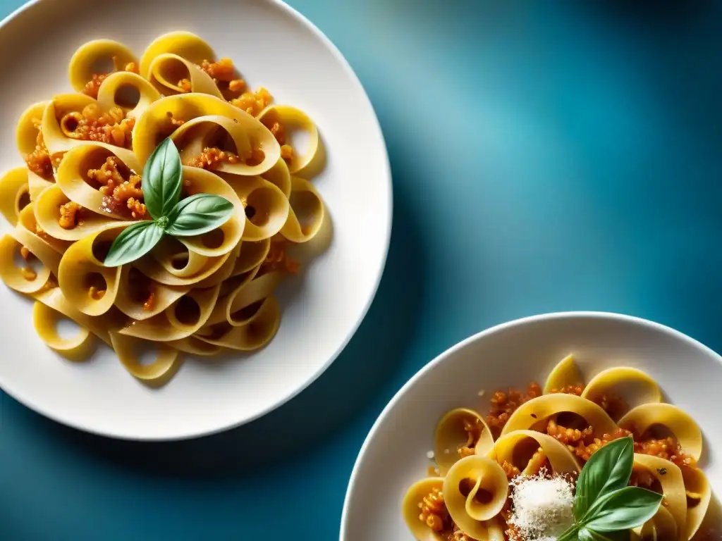 Detalle de dos platos de pasta italiana: uno con pasta seca y el otro con pasta fresca