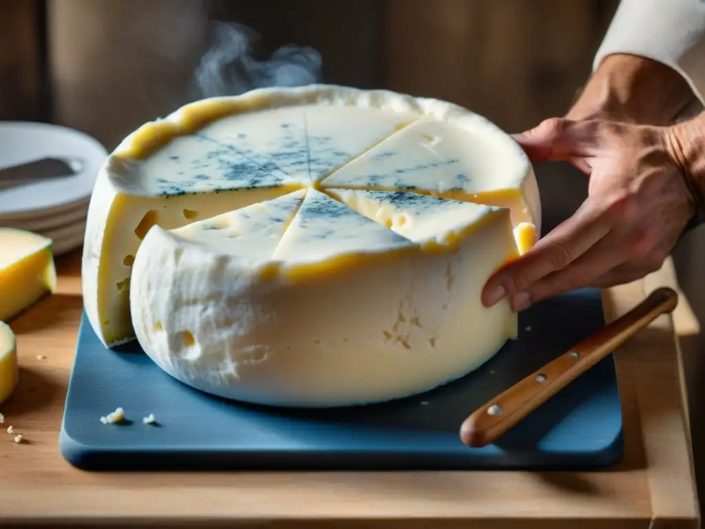 Detalle del proceso artesanal de un maestro quesero creando un queso Gorgonzola, resaltando la tradición y destreza