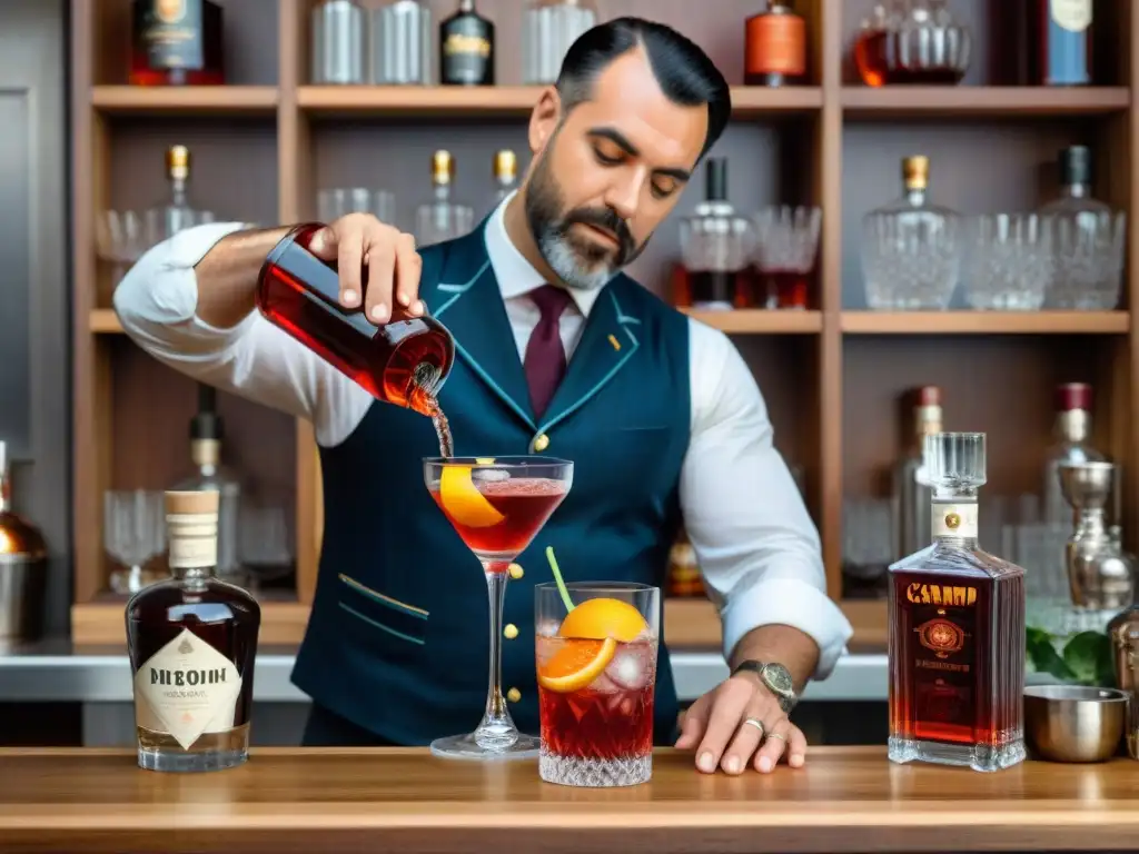 Detalle del proceso de preparación de un cóctel Negroni en una atmósfera italiana rústica