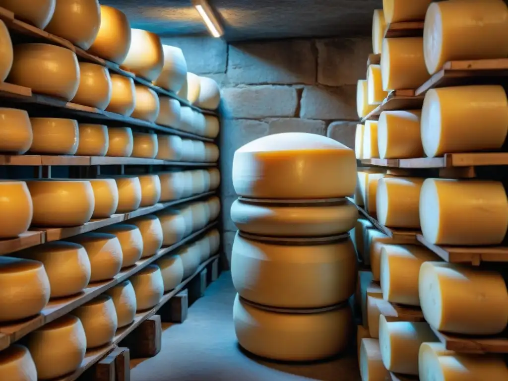 Detalle de quesos Parmigiano Reggiano en bodega italiana, resaltando sus matices y texturas