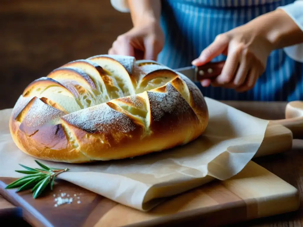 Detalle de la receta auténtica pane pugliese: pan dorado y crujiente con romero y sal marina, sobre tabla de madera con cuchillo vintage