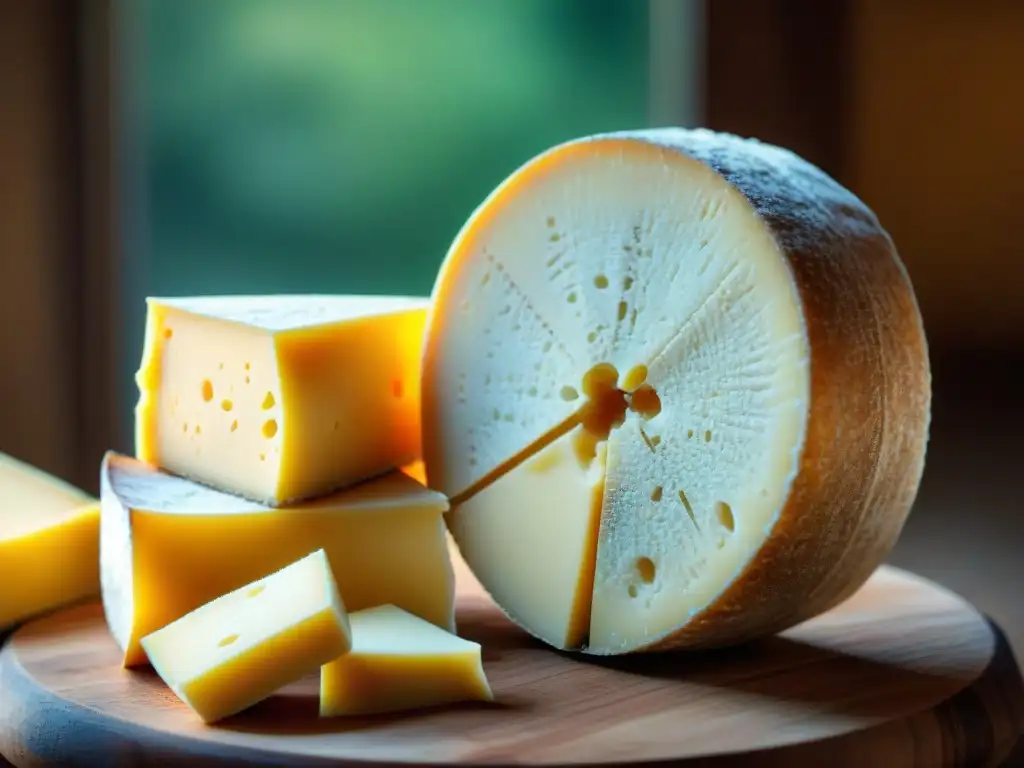 Detalle de una rueda de queso Pecorino Romano, resaltando su corteza rugosa y dorada