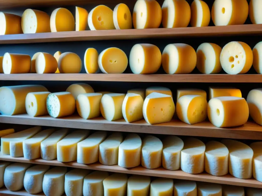 Detalle de ruedas de queso Grana Padano en mercado italiano: tradición y experticia artesanal resplandecen en las marcas de la edad