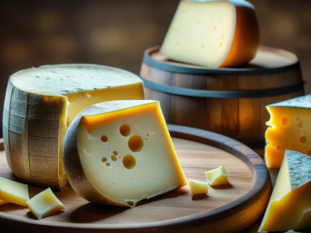 Detalle de ruedas de queso parmesano envejecido en barril de madera, resaltando la importancia de la fermentación en quesos italianos