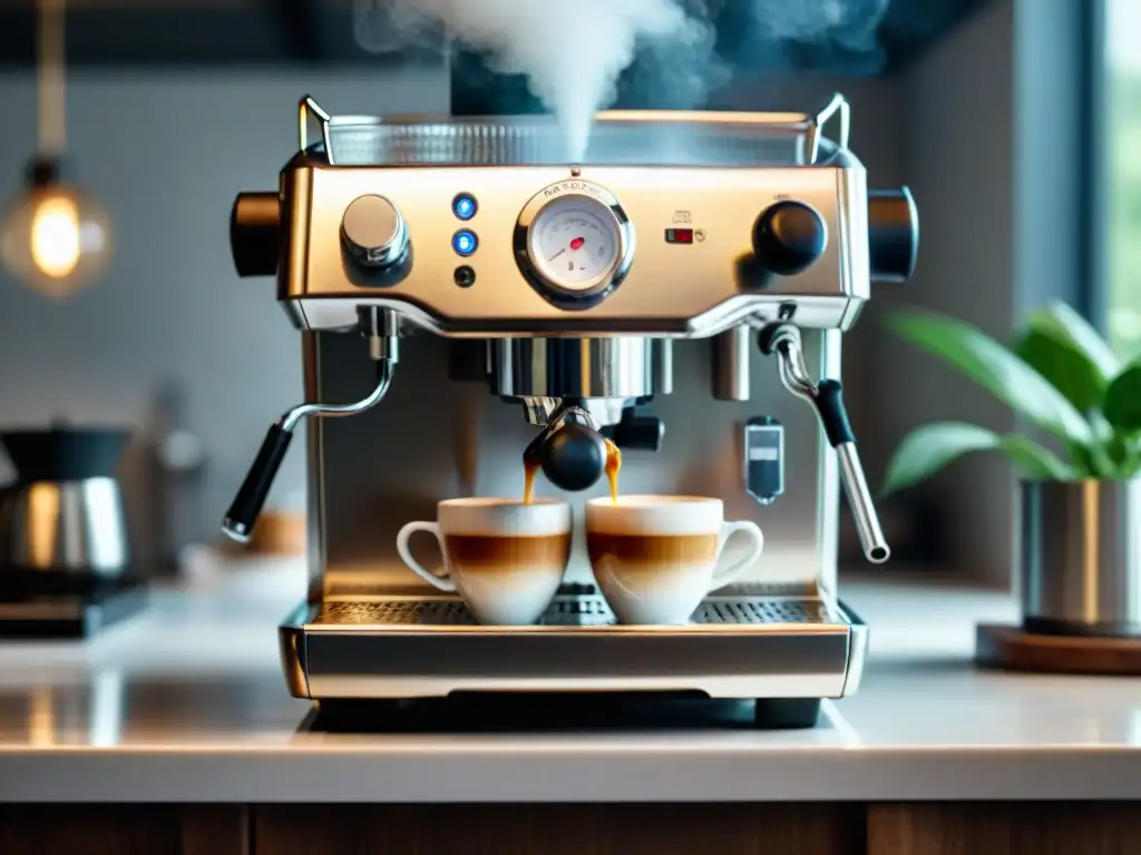 Detalle sofisticado de máquina de espresso en cocina moderna con gadgets para preparar espresso en casa