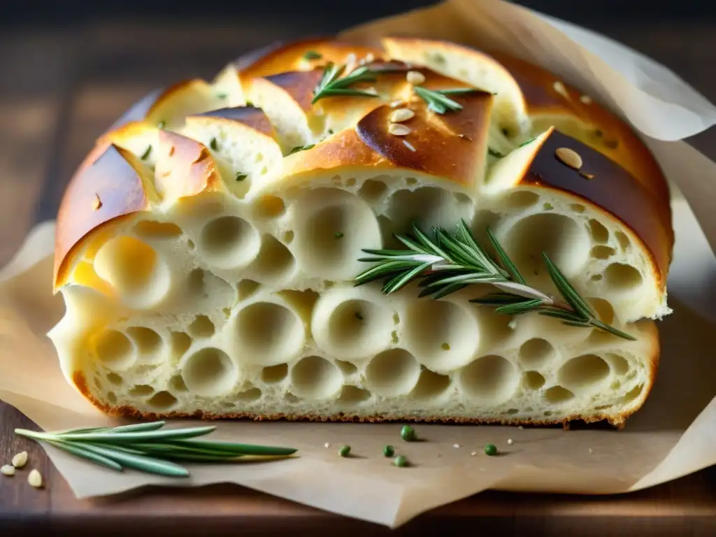 Detalle sublime de focaccia italiana recién horneada con romero y sal marina