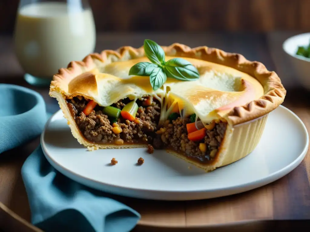 Detalle de un suculento guiso de pan italiano tradicional recién horneado, con capas doradas y relleno abundante de carne y verduras