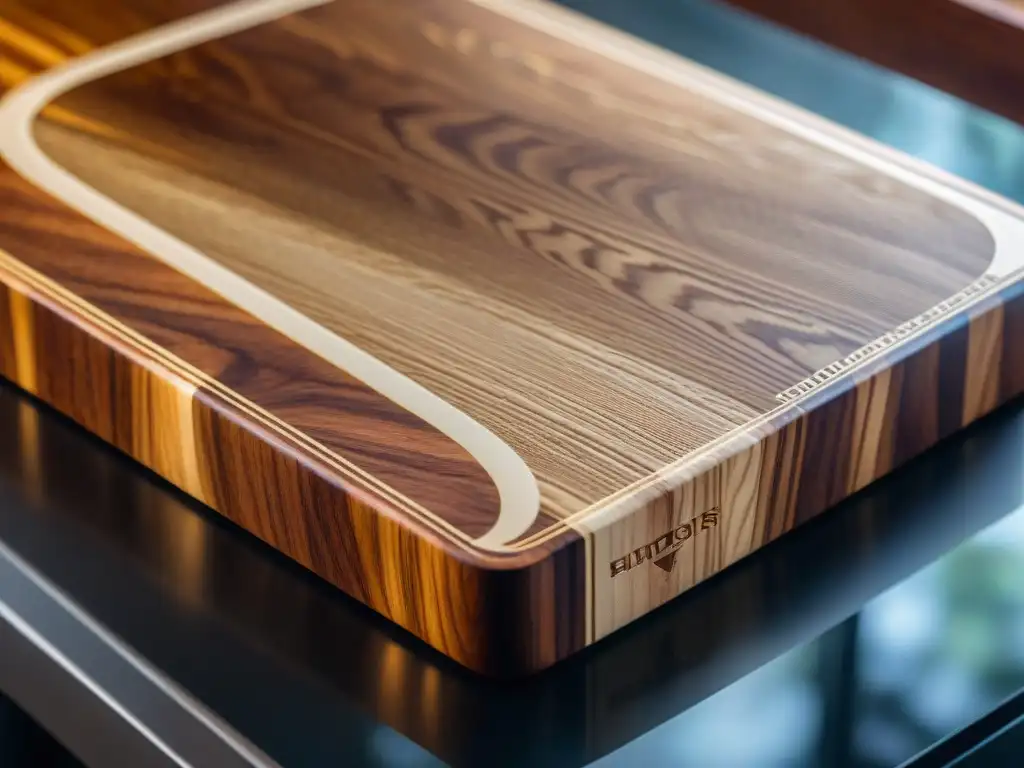 Detalle de una tabla de cortar italiana personalizada, con ricos patrones de madera y luz natural