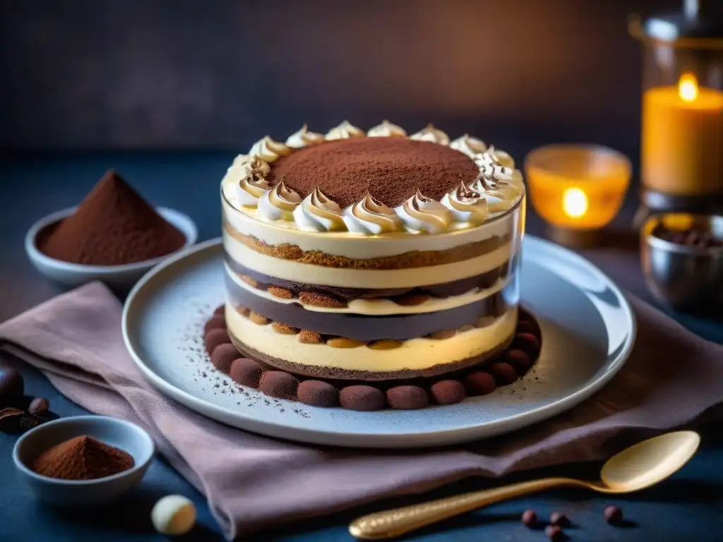 Detalle de un Tiramisú tradicional italiano decorado con cacao, ideal para celebraciones