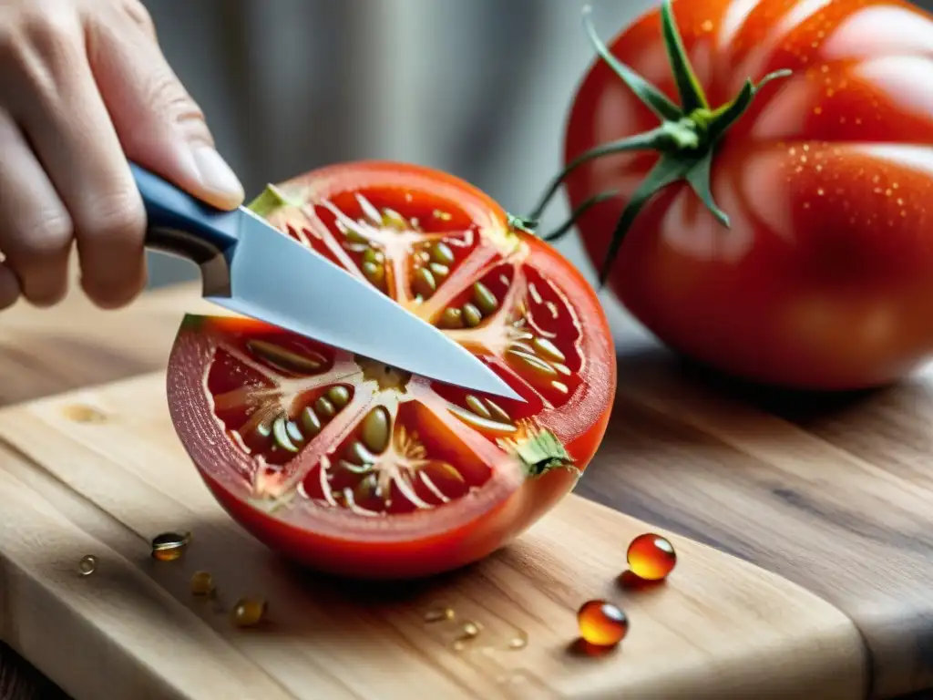 Detalle de tomate rojo maduro siendo cortado en tabla de madera, para receta auténtica Insalata Caprese