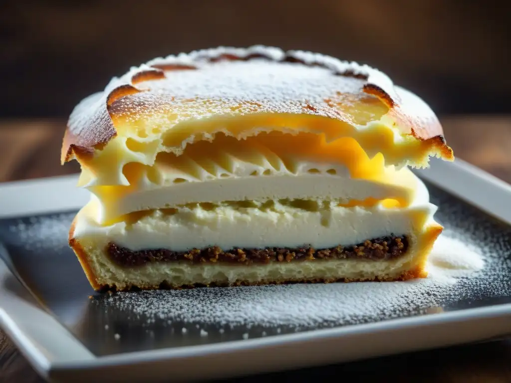 Detalle de una Torta di Riso recién horneada, con una costra dorada, relleno de arroz cremoso y espolvoreada con azúcar glas