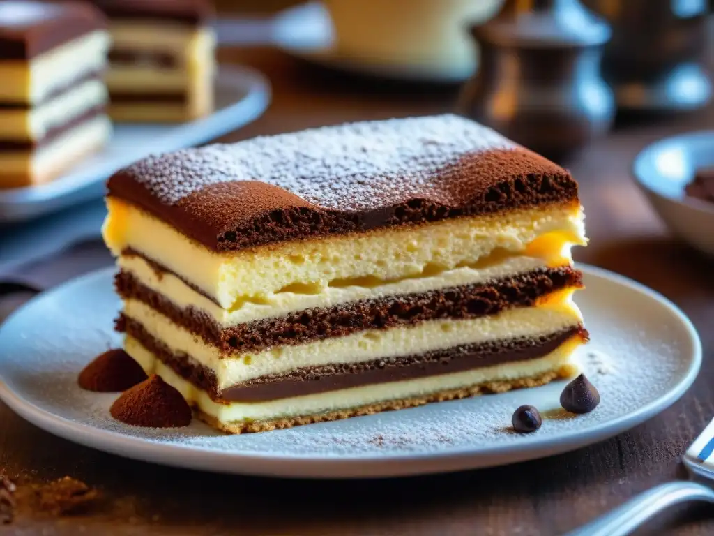 Detalle de la elaboración de un tradicional tiramisú italiano en una cocina rústica