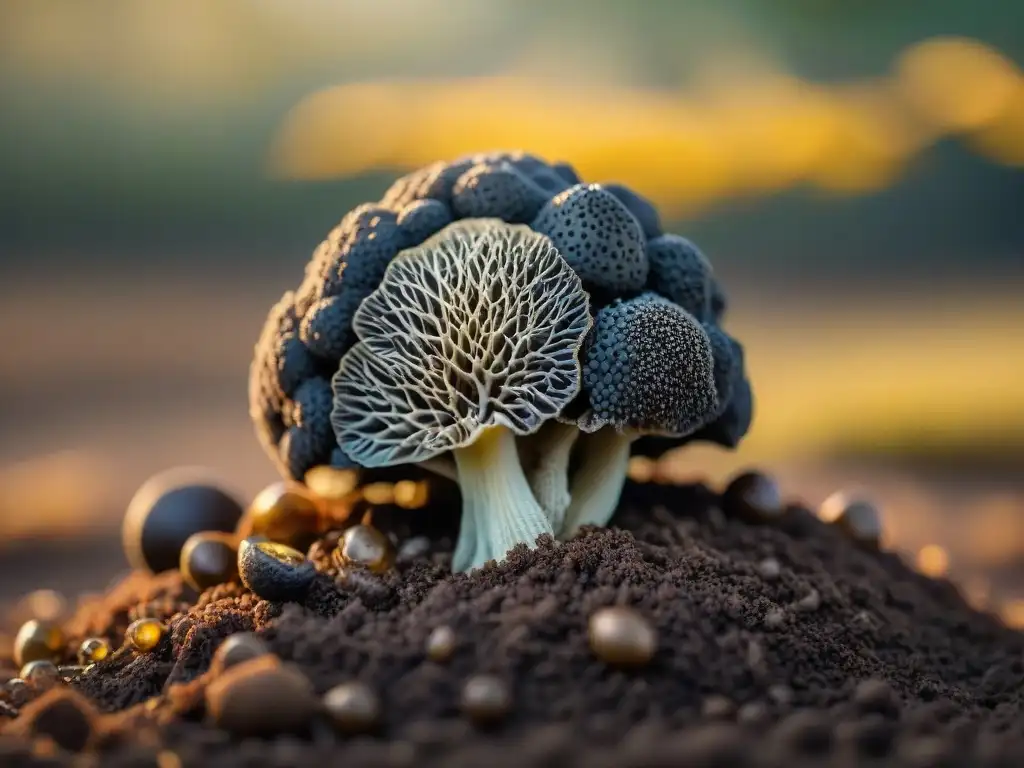 Detalle de una trufa negra recién cosechada en un lecho de tierra, con gotas de rocío y luz del amanecer en un bosque de Piamonte