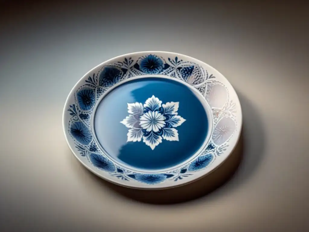 Detalle de vajilla de diseñador italiano gourmet: exquisitos motivos florales azules pintados a mano en un plato de porcelana blanco impecable