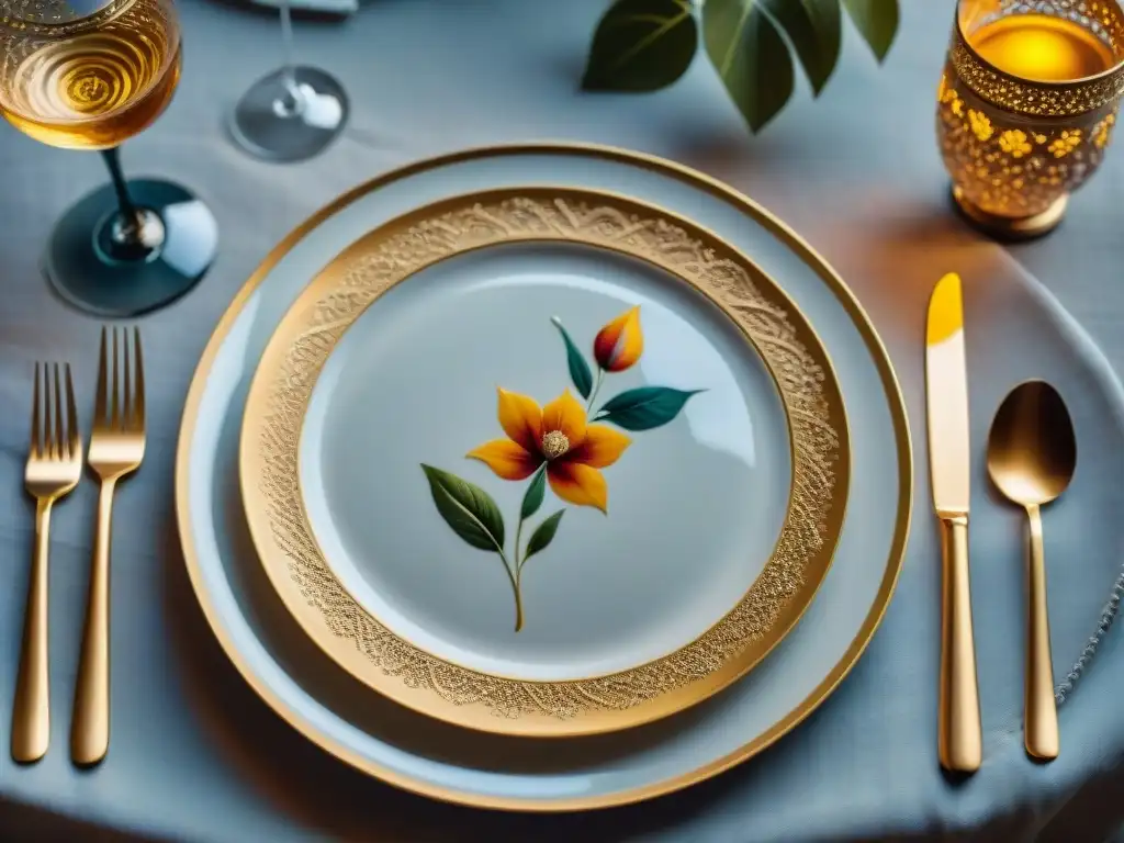 Detalle de vajilla italiana de diseñador gourmet con patrones florales y detalles en oro, en elegante mesa