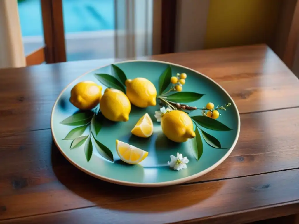 Detalle de una vajilla italiana para impresionar con limones, ramas de olivo y flores, sobre mesa de madera rústica