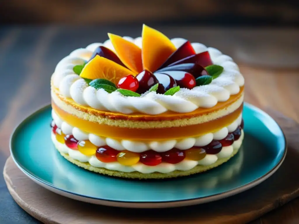 Detalle vibrante de una cassata siciliana con capas de bizcocho, ricotta, fruta confitada y glaseado de mazapán en plato cerámico siciliano