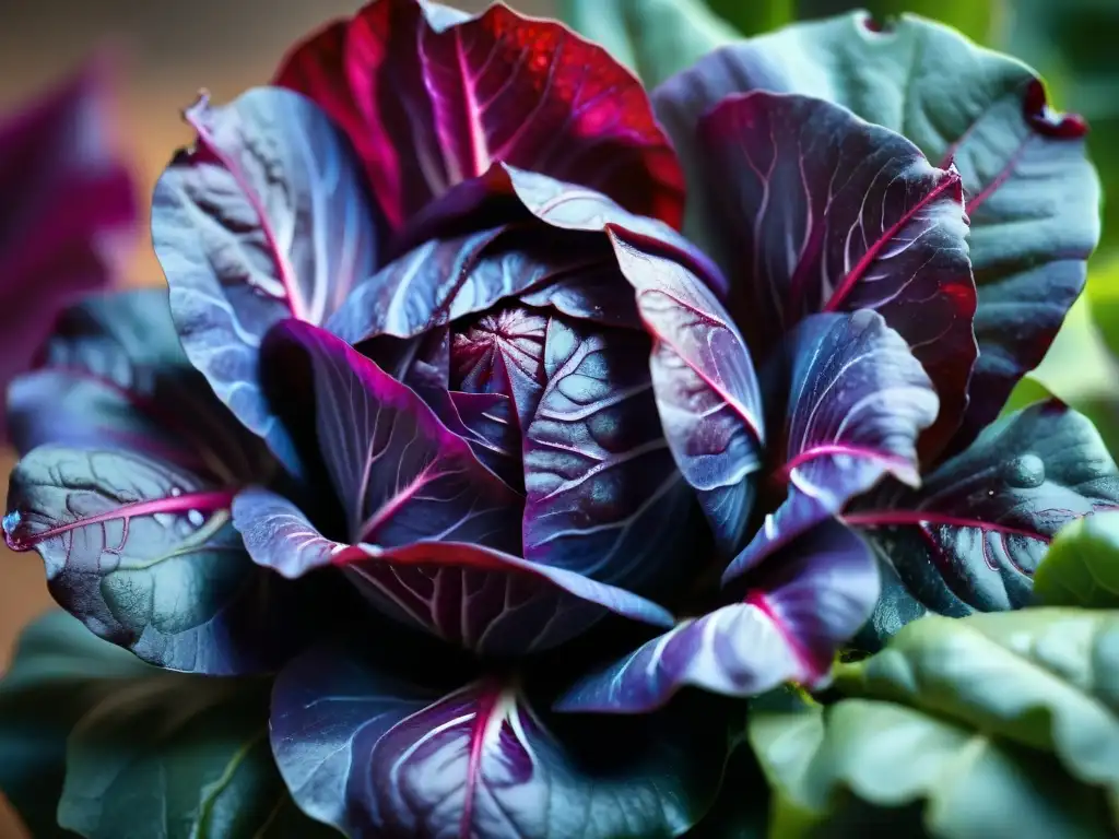 Detalle vibrante de hojas frescas de radicchio con gotas de agua, resaltando su belleza