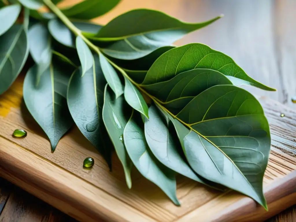 Detalle vibrante de hojas de laurel frescas aplastadas entre dedos sobre tabla rústica