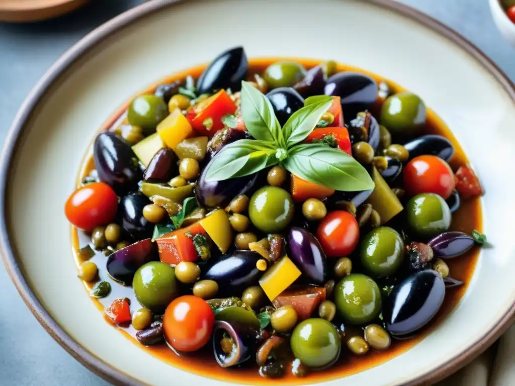 Detalle vibrante de una receta Caponata Siciliana vegetariana: berenjenas, tomates, apio, aceitunas y alcaparras en una presentación exquisita