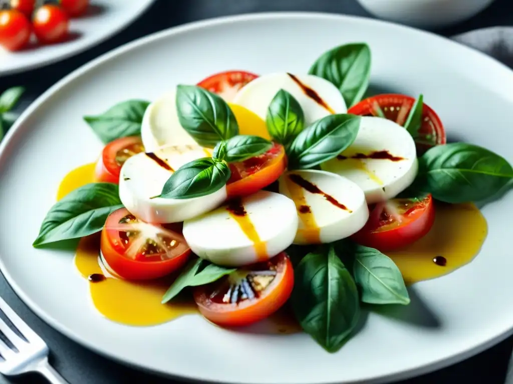 Detalle vibrante de una renovada receta caprese menos calorías en un plato moderno y colorido