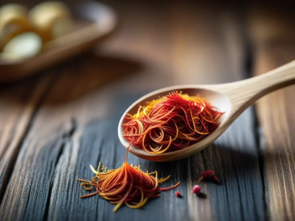 Detalle vibrante de azafrán rojo en cuchara rústica, evocando sofisticación culinaria y los beneficios del azafrán en la cocina italiana