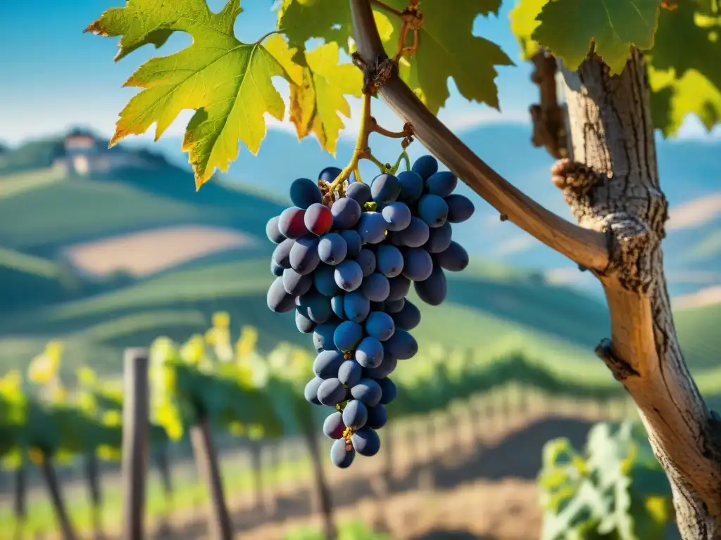 Detalle de una vid antigua en un viñedo italiano, con racimos de uvas maduras y paisaje tradicional